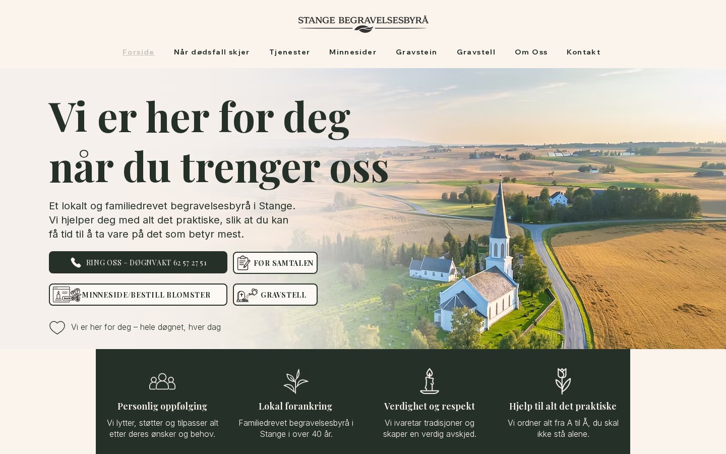 Desktopvisning av forsiden til Stange Begravelsesbyrå